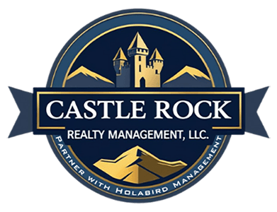 The image is a logo for Castle Rock Realty Management, LLC, partnered with Holabird Management.